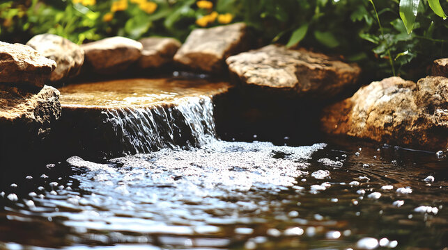 Water flows over rocks in a serene garden setting, creating a tranquil mini-waterfall.