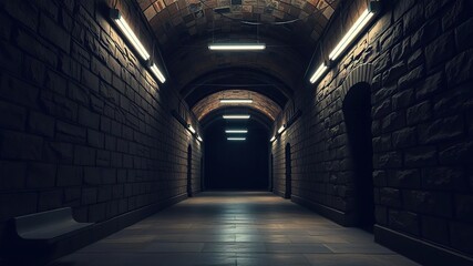 dimly lit corridor with old stone walls and flickering fluorescent lights, fluorescent, peeling paint, eerie