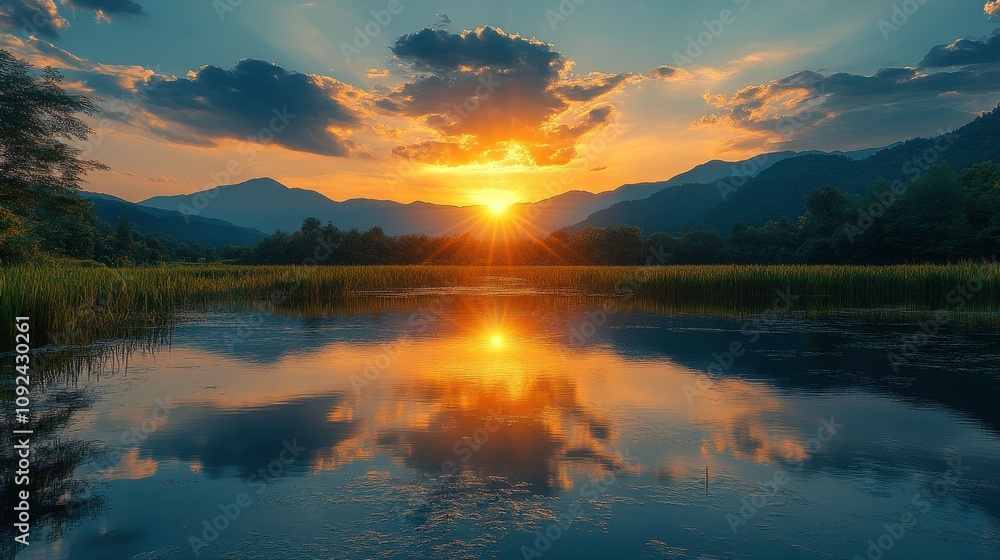 Poster serene sunset over calm waters with reflections of mountains and clouds in the background creating a