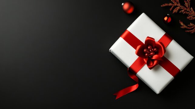 Festively wrapped present with red ribbon and decorative items on a dark background