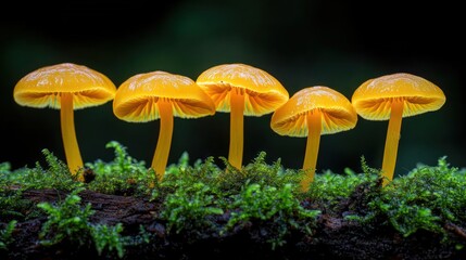 Fototapeta premium Vibrant yellow mushrooms on mossy log.