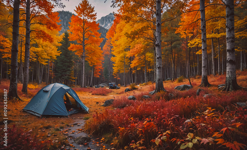 Poster blue tent is set up in a field of autumn leaves. there is a person inside the tent