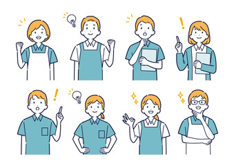 上を向いて明るい表情をする介護士のイラストセット