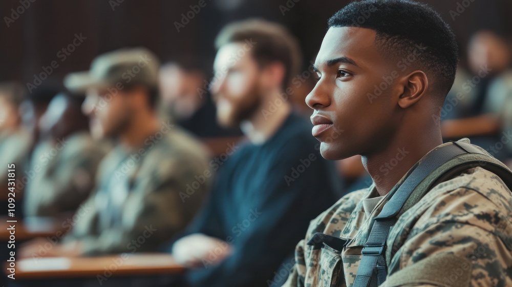 Poster veterans in a classroom setting attending a job training seminar, learning new skills to transition 