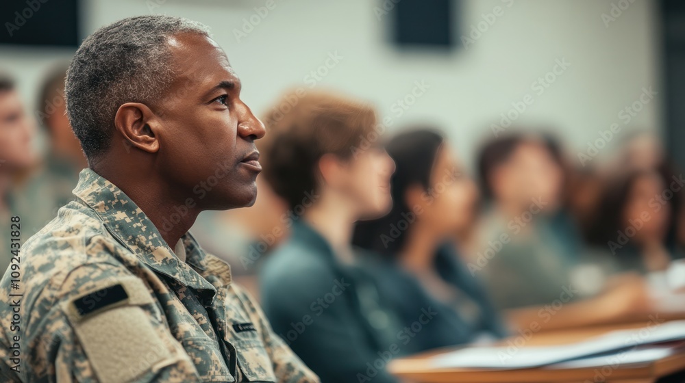 Poster veterans in a classroom setting attending a job training seminar, learning new skills to transition 