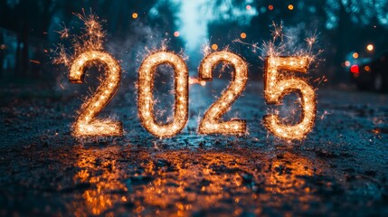Sparkling Celebration With Fireworks Forming the Year 2025 on a Wet City Street at Twilight, Evoking a Sense of Hope for the Future and New Beginnings