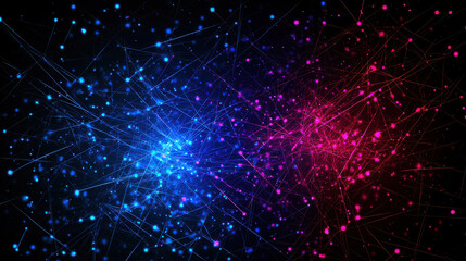 Fototapeta premium Blue and red neon lines form abstract illuminated grid