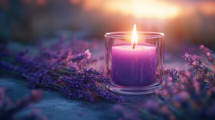 A vibrant purple candle burning brightly in a clear glass jar surrounded by lush lavender sprigs, beautifully contrasted against a softly blurred background at sunset.
