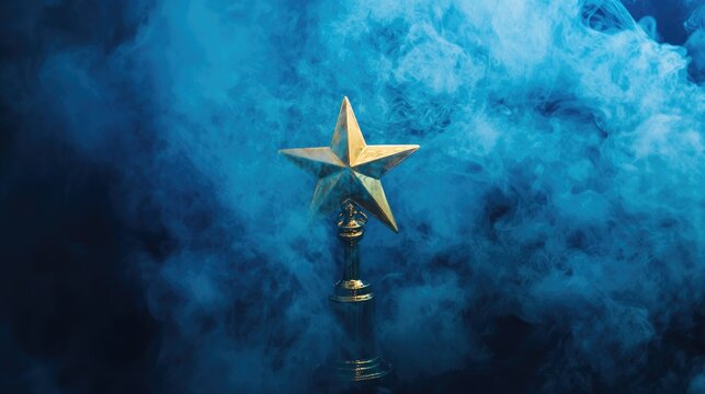 Gold star trophy emerging from blue smoke, symbolizing achievement and sophistication in investment choices, set against a dramatic backdrop.