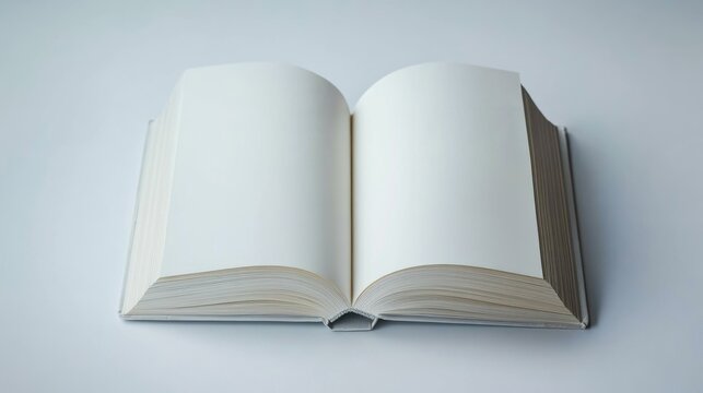 Open blank white hardcover book with crisp pages, isolated on a minimalistic background, emphasizing its pristine condition and potential for personalization or creativity.