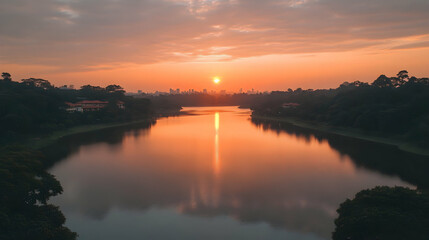 Obraz premium Scenic Sunset over Lake and City Skyline: Aerial View