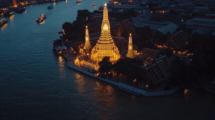 Obraz premium Wat Arun temple in Bangkok glowing against the twilight sky, surrounded by the river