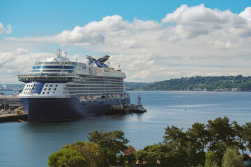 Modern Celebrity family cruiseships cruise ship ocean liners in port of Seattle, Washington State...