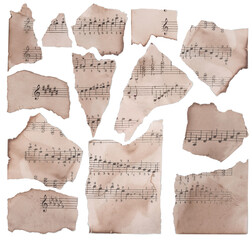 A set of pieces of an old music notebook with scales, with musical signs on an isolated transparent background. Aged, yellowed edges. Cut out. With a shadow. Design elemen. PNG