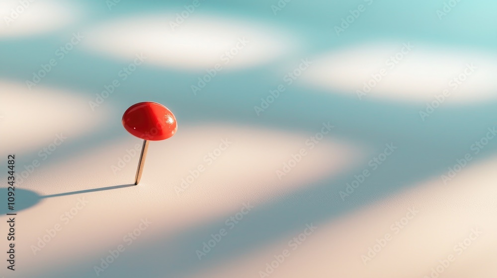 Poster a single red pin standing alone on a soft blue surface with light reflections creating an artistic s