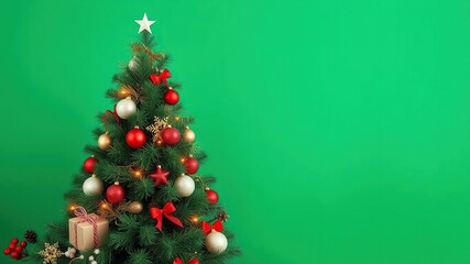 Festive Fir Tree and Holiday Decorations on Green Background, red berries, cozy ambiance