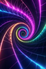 Abstract Neon Light Spirals on Dark Background: Bright, colorful spirals of neon light set against a black background, perfect for tech or creative themes. 