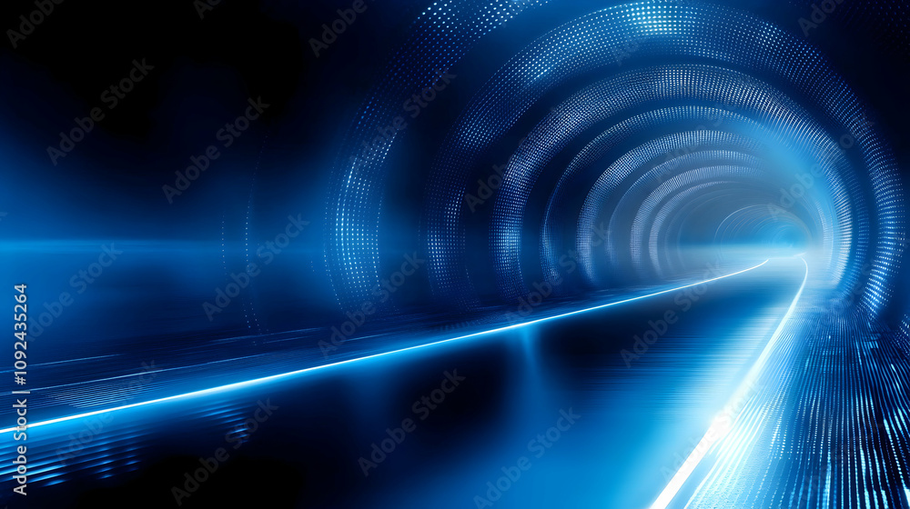 Poster abstract 3d digital tunnel background with glowing blue lines and dots