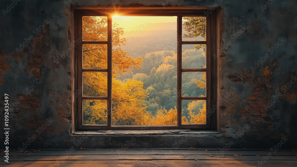 Poster a large window with a view of a forest and a beautiful sunset. the scene is peaceful and serene, wit