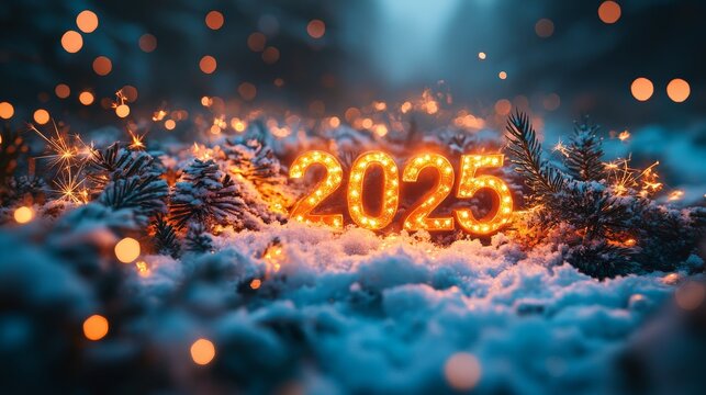 Celebrating the Arrival of 2025 With Bright Lights and a Snowy Forest Backdrop
