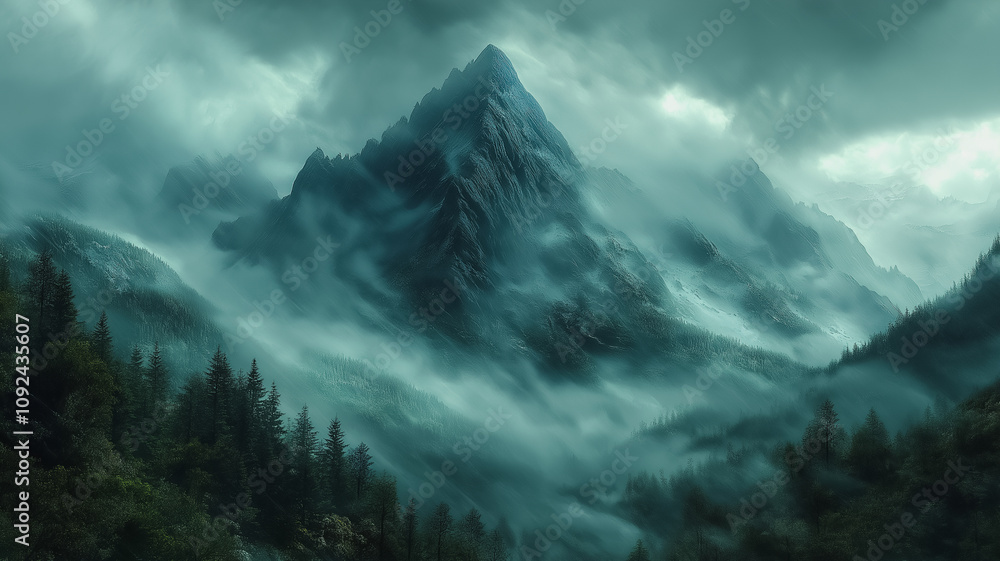 Poster a mountain range covered in fog and trees. the sky is cloudy and the mountains are covered in snow