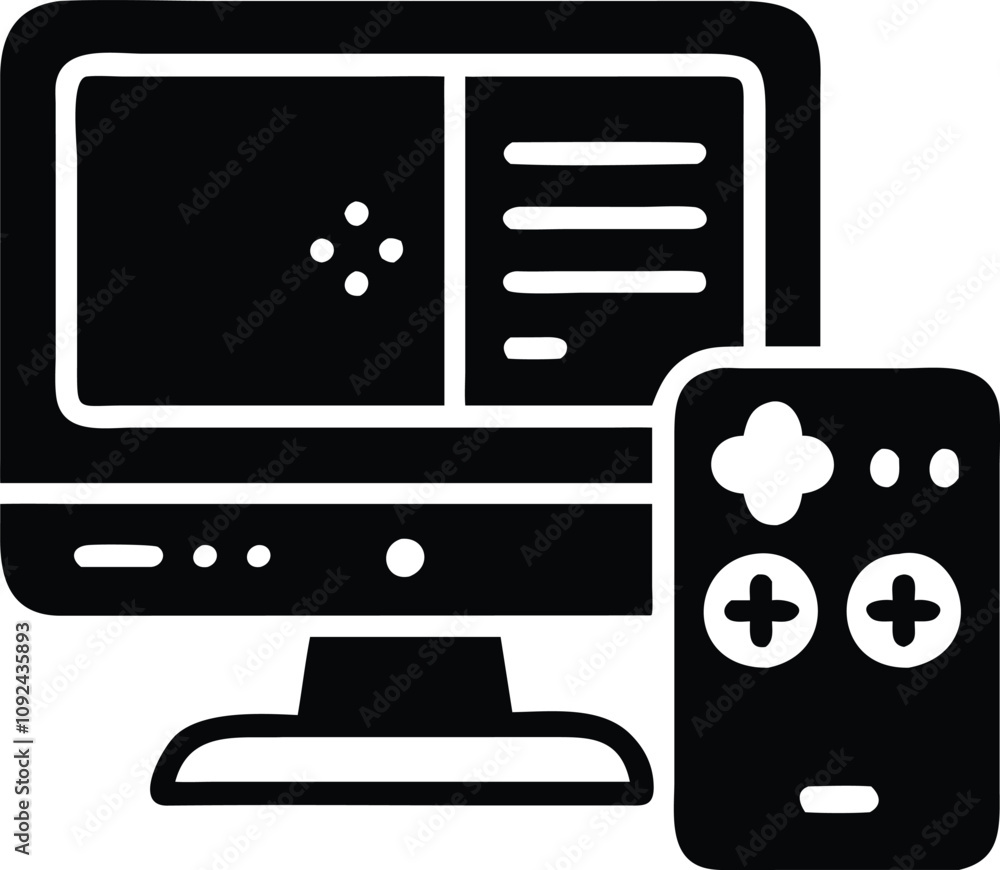 Poster gaming computer setup with controller icon, colorful flat design icon of a gaming desktop setup feat