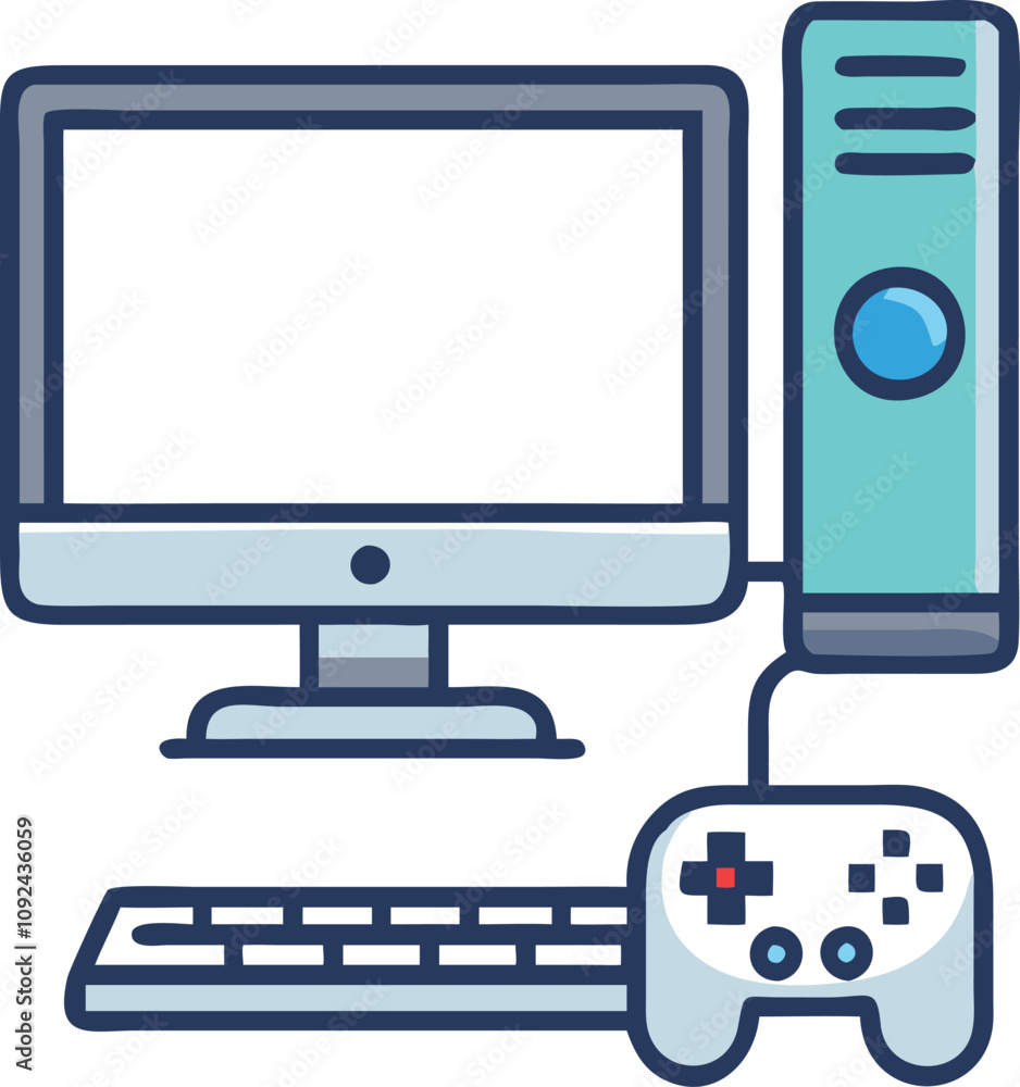 Poster gaming computer setup with controller icon, colorful flat design icon of a gaming desktop setup feat