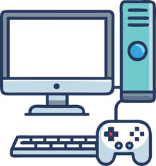 Gaming Computer Setup with Controller Icon, Colorful flat design icon of a gaming desktop setup featuring a monitor, keyboard, and controller, ideal for gaming and esports themes.
