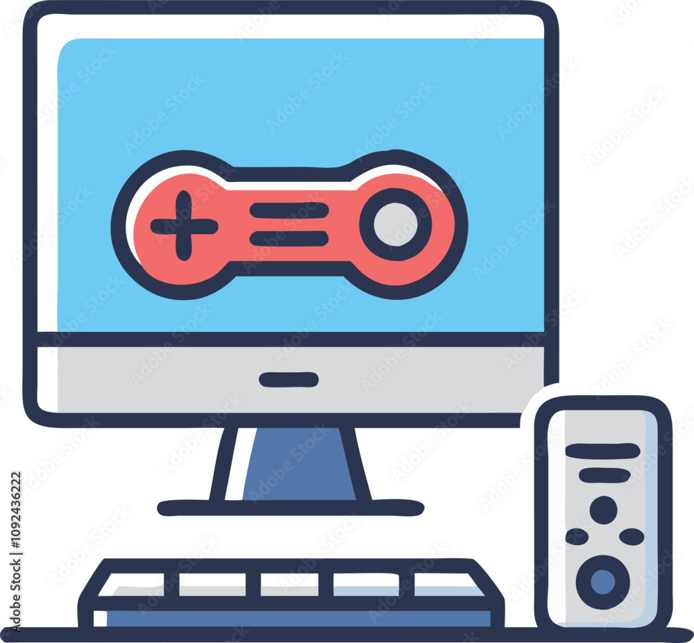 Poster gaming computer setup with controller icon, colorful flat design icon of a gaming desktop setup feat