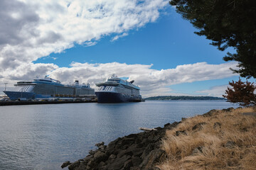 Modern Celebrity family cruiseships cruise ship ocean liners in port of Seattle, Washington State...