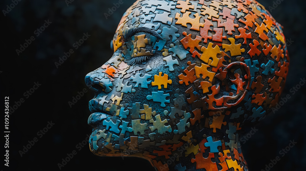 Aufkleber a colorful puzzle head with a calm expression. the puzzle pieces are arranged in a way that creates 