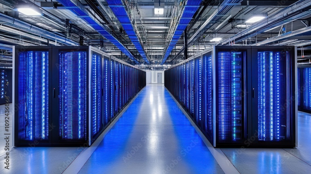 Poster Rows of illuminated server racks in a modern data center