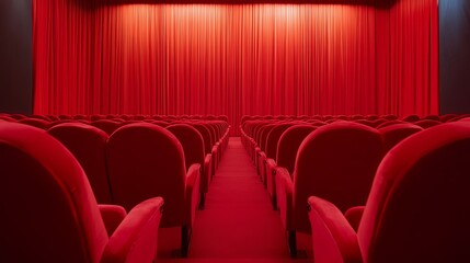 Fototapeta premium An empty theater with red velvet seats and a red curtain.
