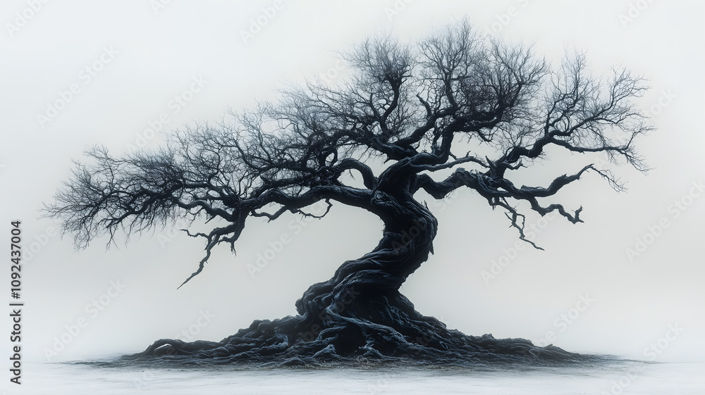 Poster a large tree with a twisted trunk and branches. the tree is surrounded by a white background. concep