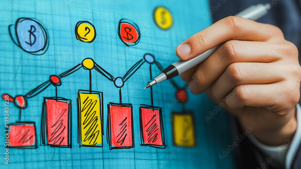 Poster a person is drawing a graph on a blue background with a pen. the graph has different colored bars an