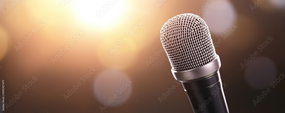 Aufkleber close up of microphone with blurred background, capturing essence of podcast setup. warm lighting cr