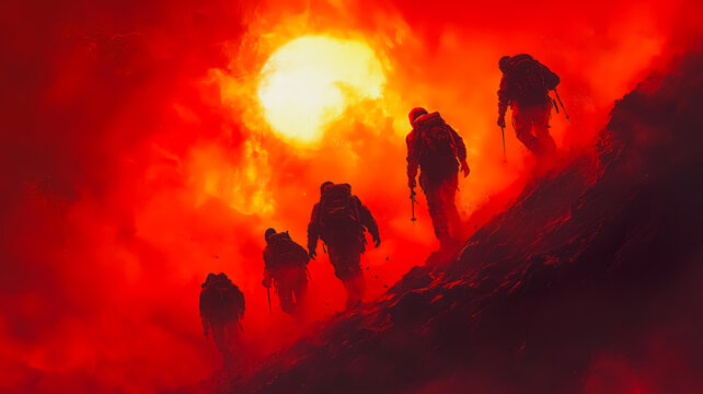 A group of soldiers are climbing a mountain in a red sky