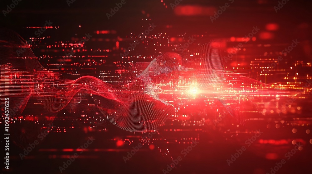 Poster abstract digital red backdrop with flowing curves and dynamic waves of futuristic technology