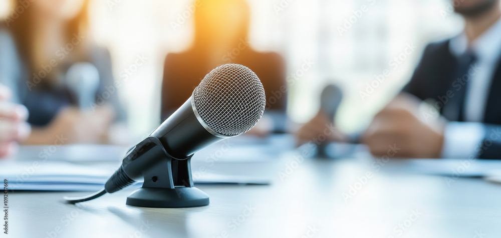 Aufkleber microphone on table during professional roundtable discussion, capturing essence of collaboration an
