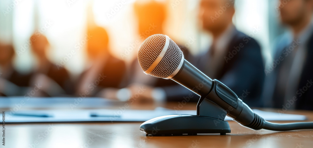 Aufkleber microphone on table during professional roundtable discussion, with blurred participants in backgrou