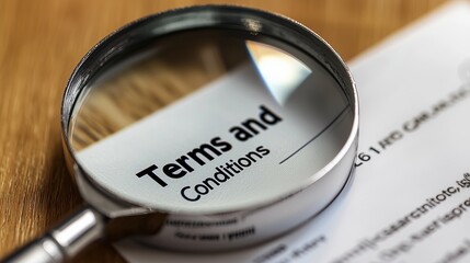 Magnifying glass over 'terms and conditions' document, emphasizing scrutiny and understanding.