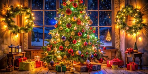 Enchanting Nighttime Scene of a Christmas Tree Adorned with Colorful Toys, Illuminated by Soft Lights Creating a Warm Holiday Atmosphere