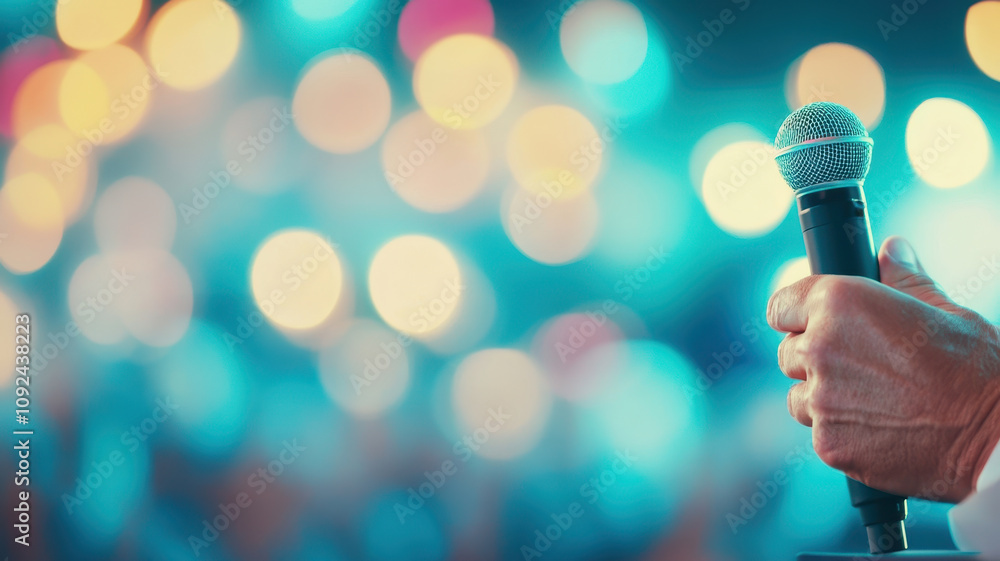 Aufkleber microphone held by speaker in vibrant conference setting, with blurred colorful lights in background