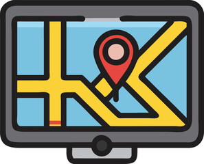 Navigation Map on Screen with Pin Icon, Flat design illustration of a navigation map displayed on a screen with a location pin, ideal for GPS, travel, and mapping themes.
