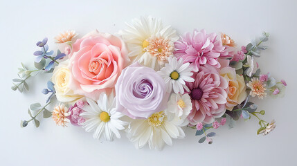 A flat lay arrangement featuring a delicate bouquet of pastel-colored roses, peonies, and daisies against a soft white backdrop.