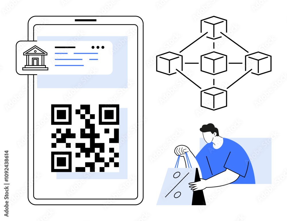 Poster qr code displayed on smartphone with banking app and blockchain diagram. man carrying shopping bags.