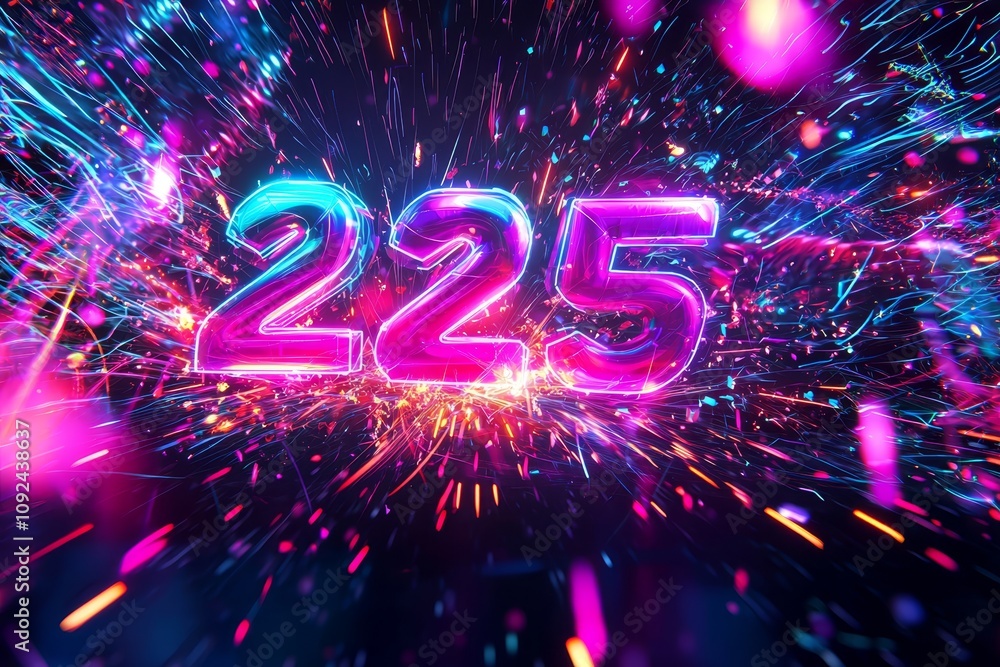 Poster vibrant and electric display of numbers 225 exploding in a burst of colorful sparks and light in a d