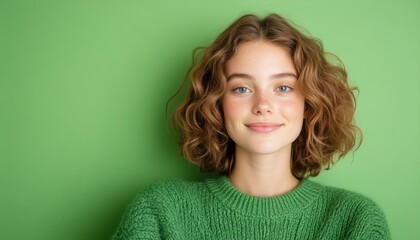 Young woman with curly hair smiling against a green background wearing a cozy green sweater