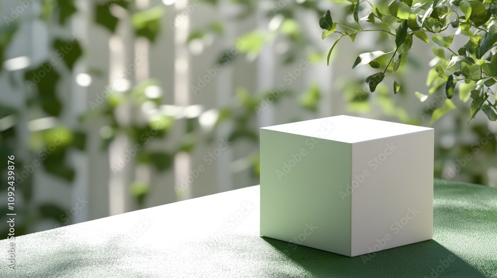 Poster a minimalistic white cube positioned on a vibrant green surface, with lush greenery softly blurred i