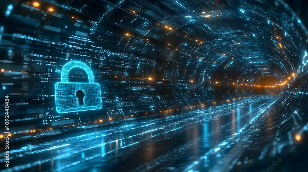 Poster 3d digital tunnel illustrating data security with glowing padlock